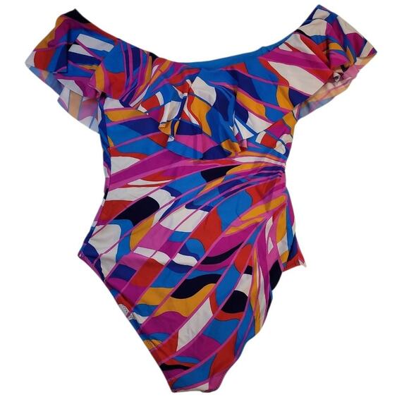 Trina Turk Rio Ruffle Off Shoulder One Piece Swimsuit Size 10 Resort - Picture 4 of 9